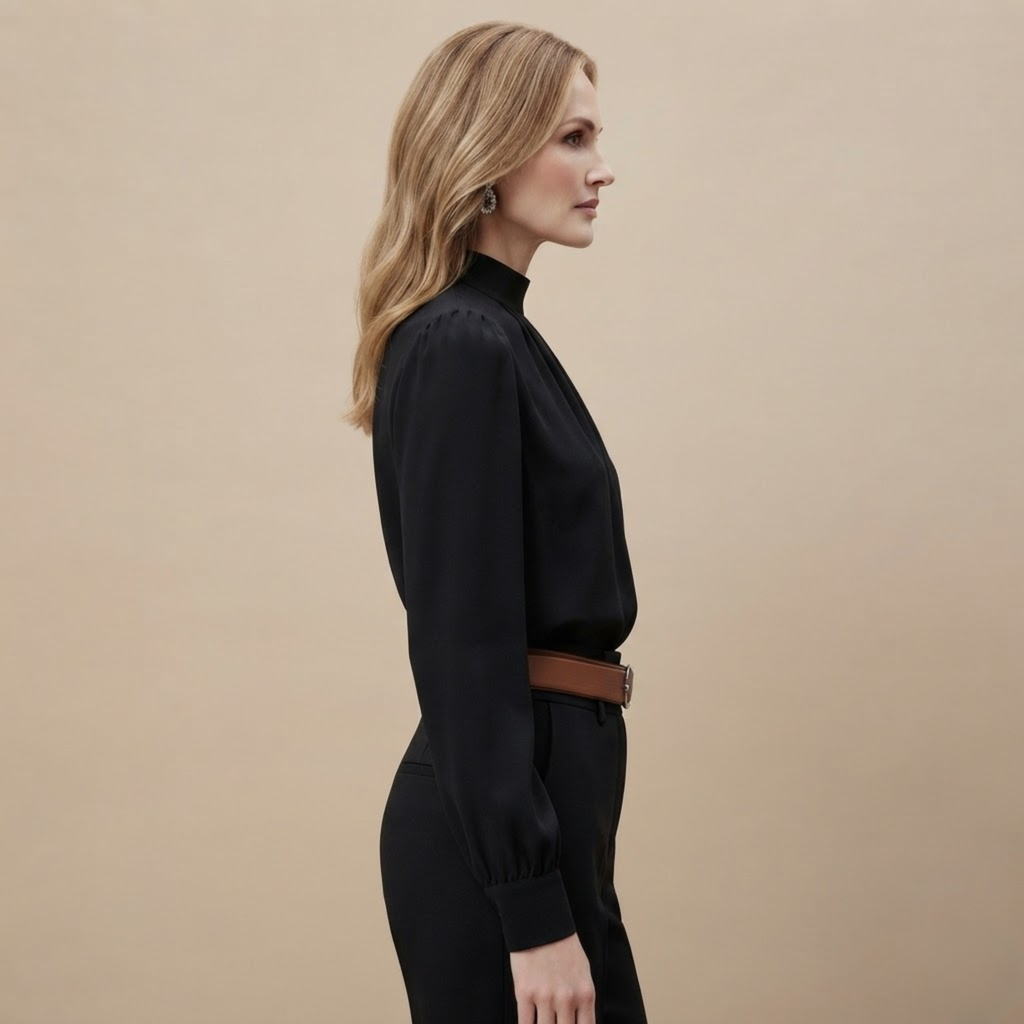 Side view of the Solenne Blouse Stand-Collar Long-Sleeve in Black, showcasing its relaxed fit and long sleeves.
