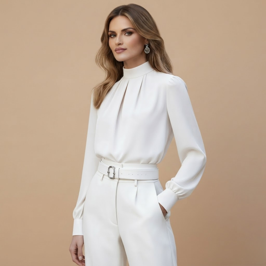 Front view of the Solenne Blouse Stand-Collar Long-Sleeve in White, featuring a stand collar, button-front design, and long sleeves.