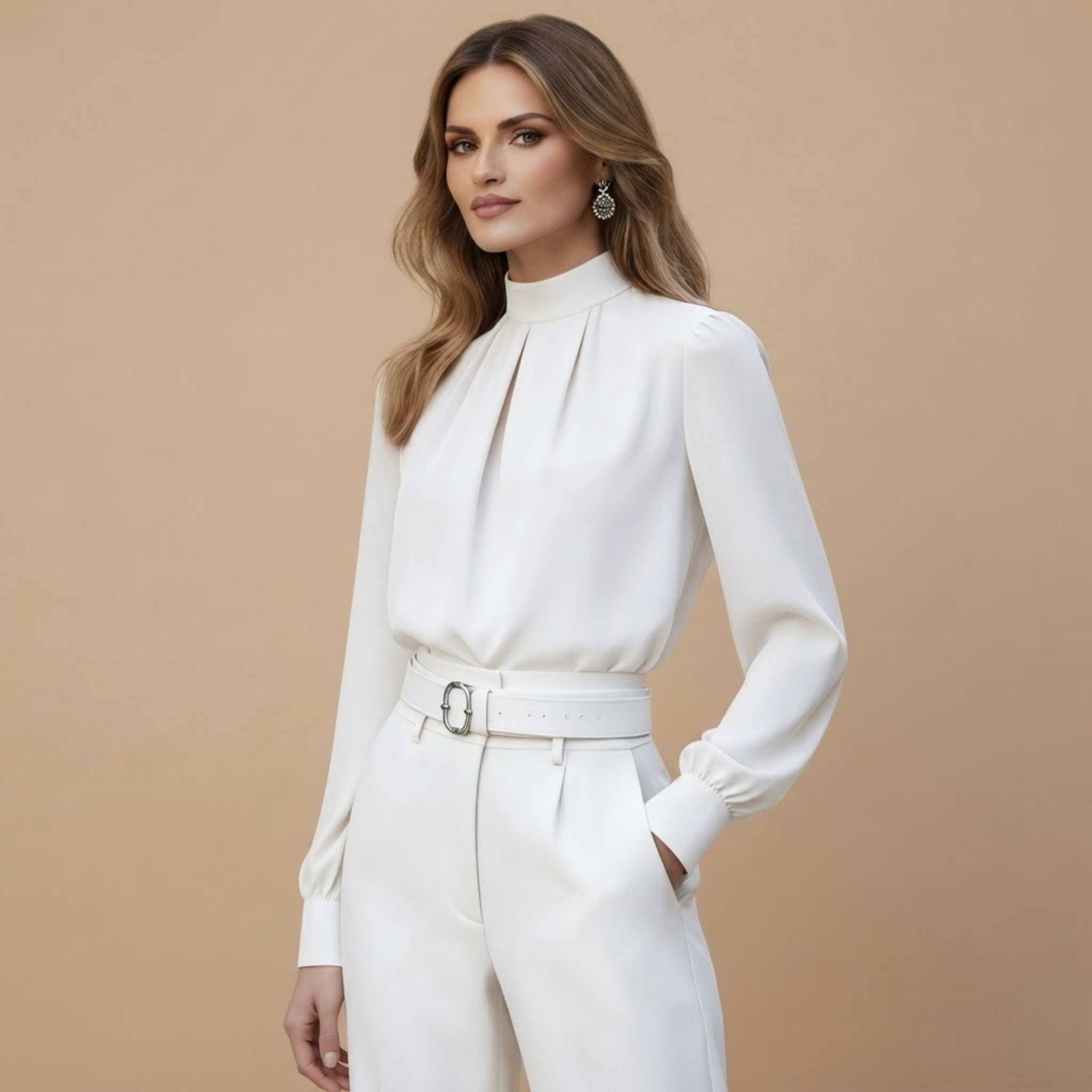 Front view of the Solenne Blouse Stand-Collar Long-Sleeve in White, featuring a stand collar, button-front design, and long sleeves.