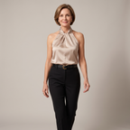 Front view of the Solenne Top Satin Halter Tie-Neck in light brown, featuring a halter neckline with tie detail, sleeveless design, lustrous satin fabric, and a relaxed elegant silhouette. Designed by Bella Hudson.