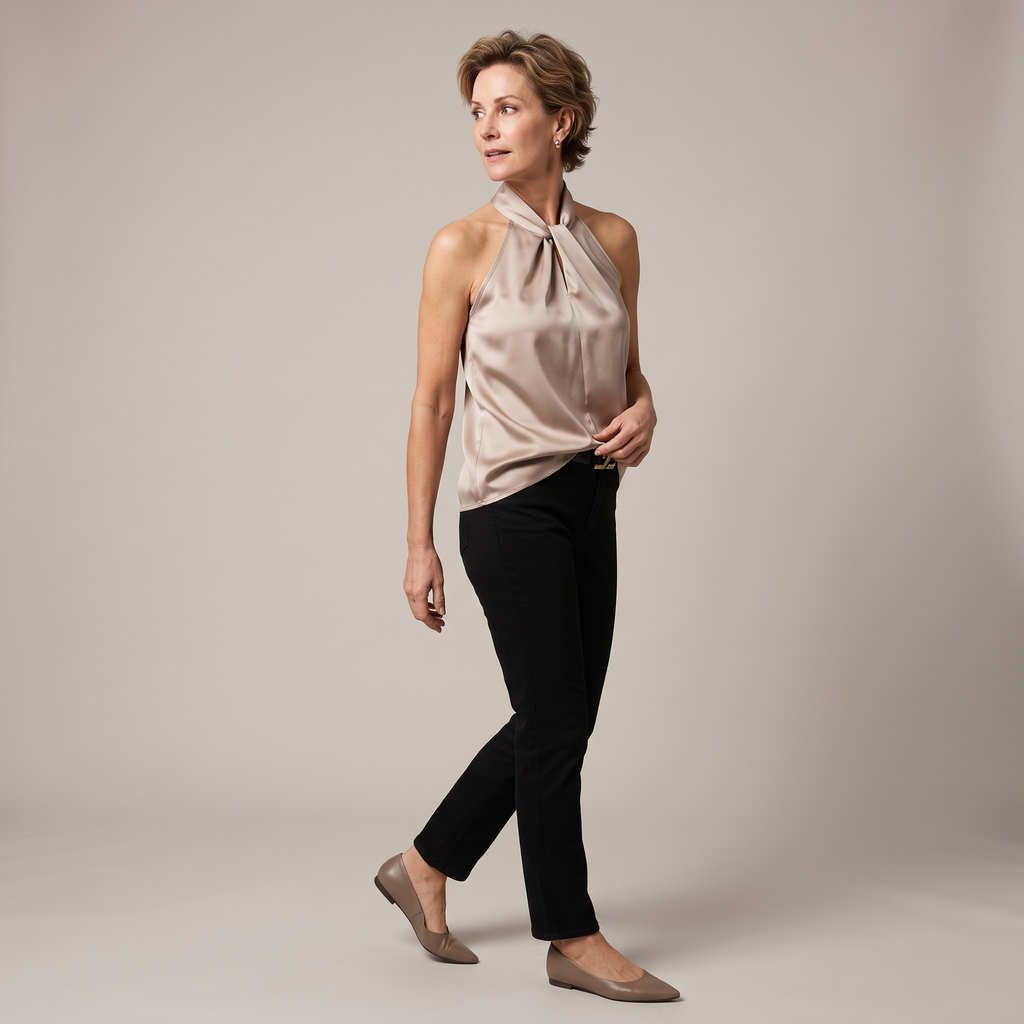 Side view of the Solenne Top Satin Halter Tie-Neck in light brown, showcasing the halter neckline, sleeveless cut, flowing satin fabric, and elegant drape. Designed by Bella Hudson.