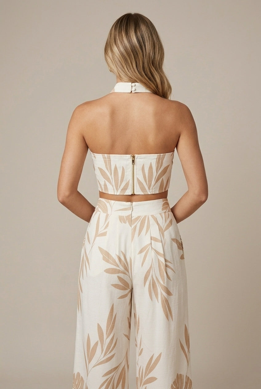 Solenne halter tropical wide-leg two-piece set, back view