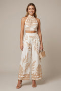 Solenne halter tropical wide-leg two-piece set, Beige