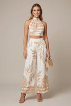 Solenne halter tropical wide-leg two-piece set, Beige