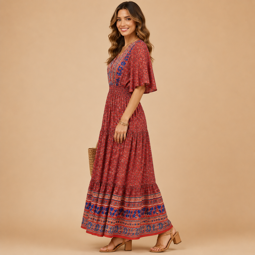 Solveig deep V-neck maxi dress in burgundy, side view, designed by Bella Hudson