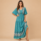 Solveig deep V-neck maxi dress in turquoise, front view, designed by Bella Hudson