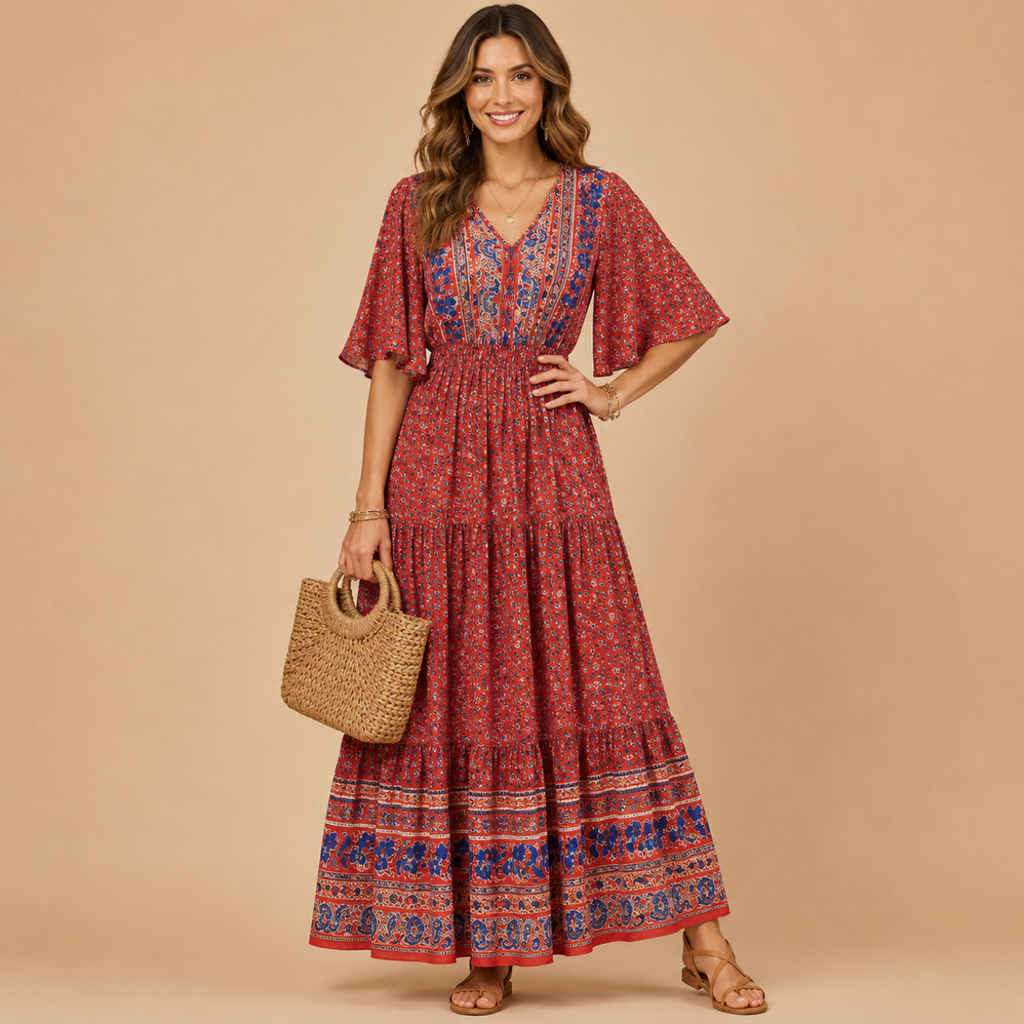 Solveig deep V-neck maxi dress in burgundy, front view, designed by Bella Hudson