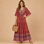 Solveig deep V-neck maxi dress in burgundy, front view, designed by Bella Hudson