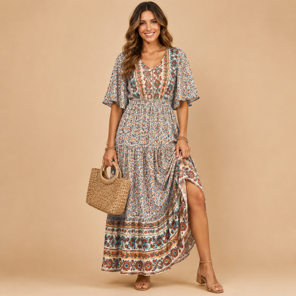 Solveig deep V-neck maxi dress in beige, front view, designed by Bella Hudson