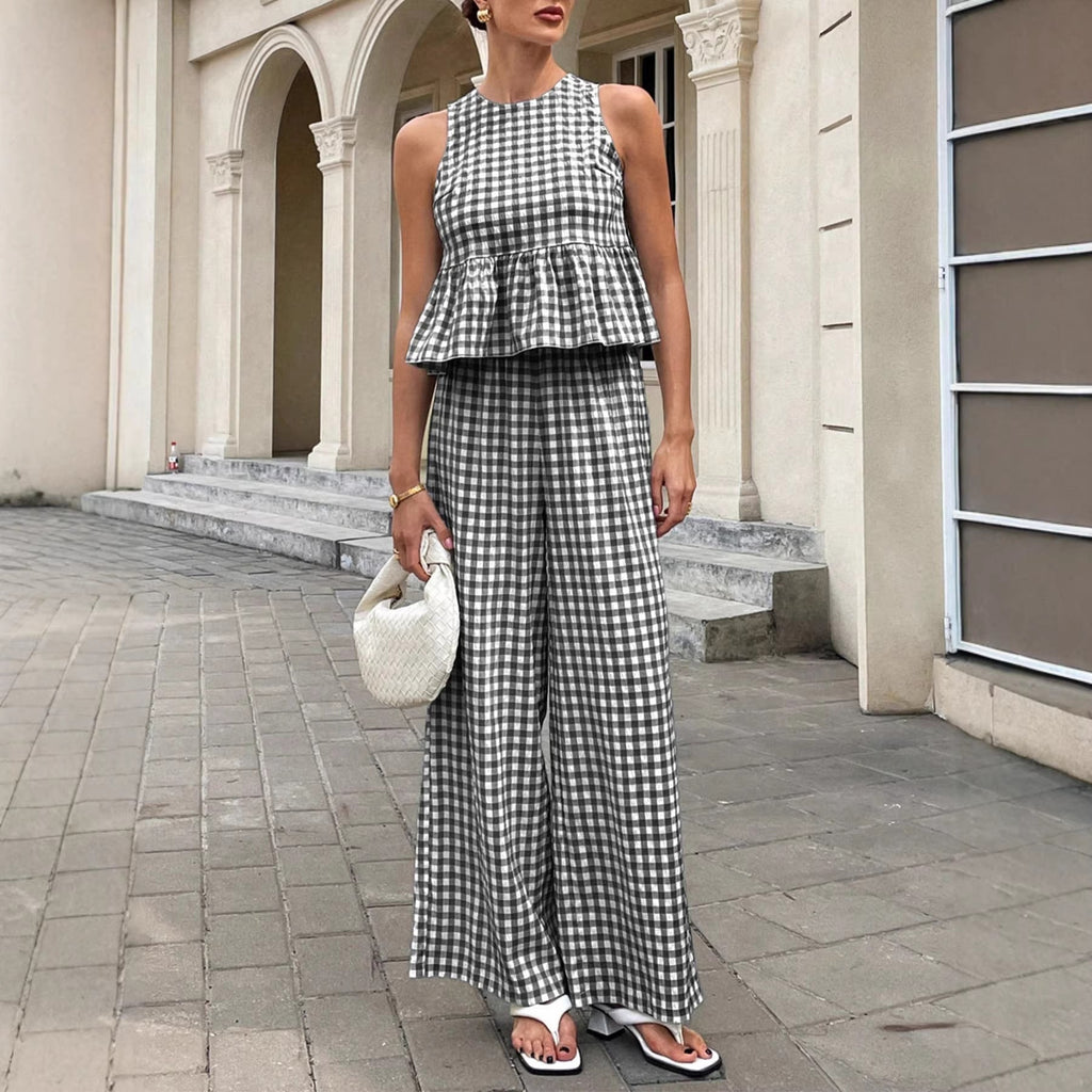 Solveig gingham peplum wide-leg two-piece set, Black