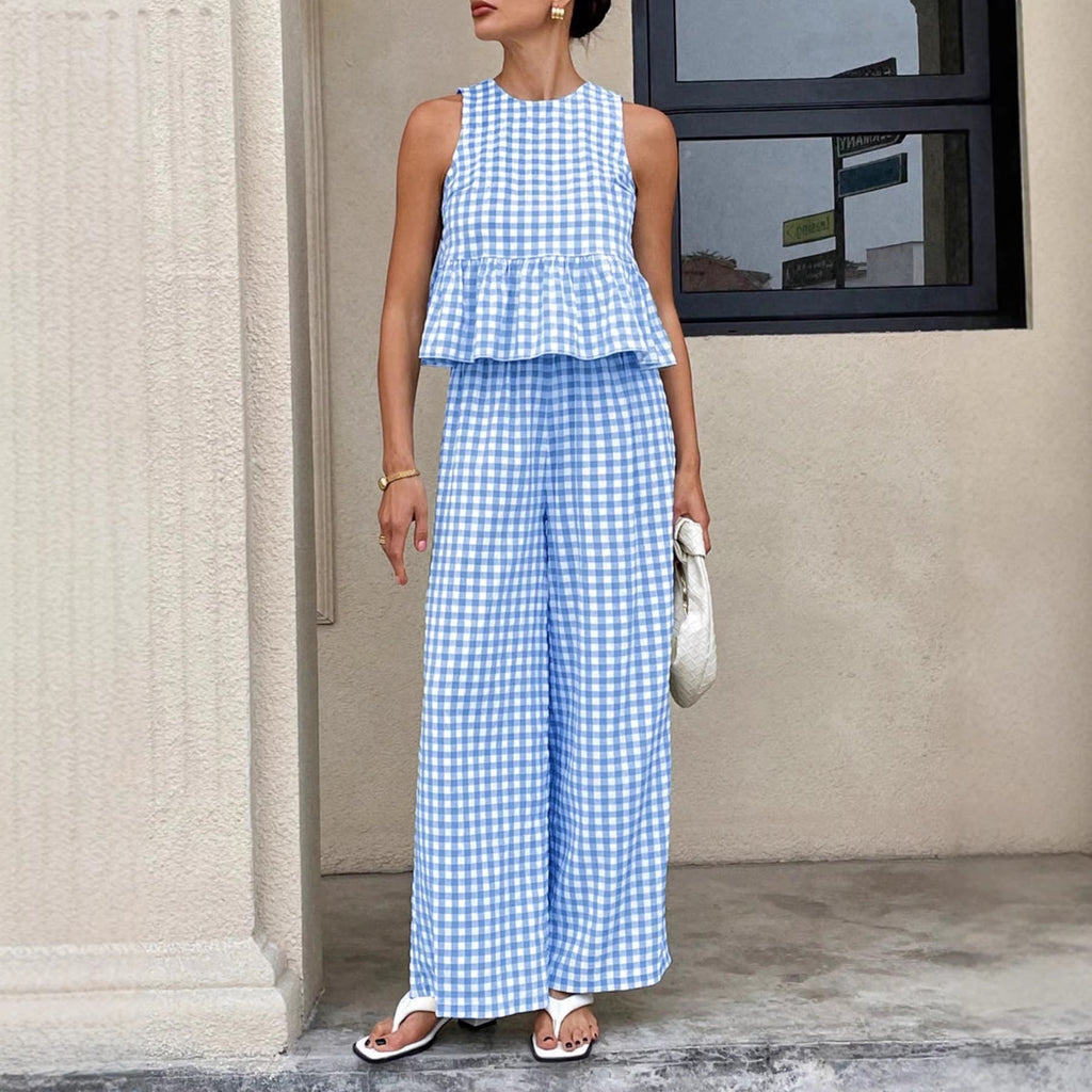 Solveig gingham peplum wide-leg two-piece set, Blue