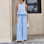 Solveig gingham peplum wide-leg two-piece set, Blue