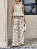 Solveig gingham peplum wide-leg two-piece set, Brown