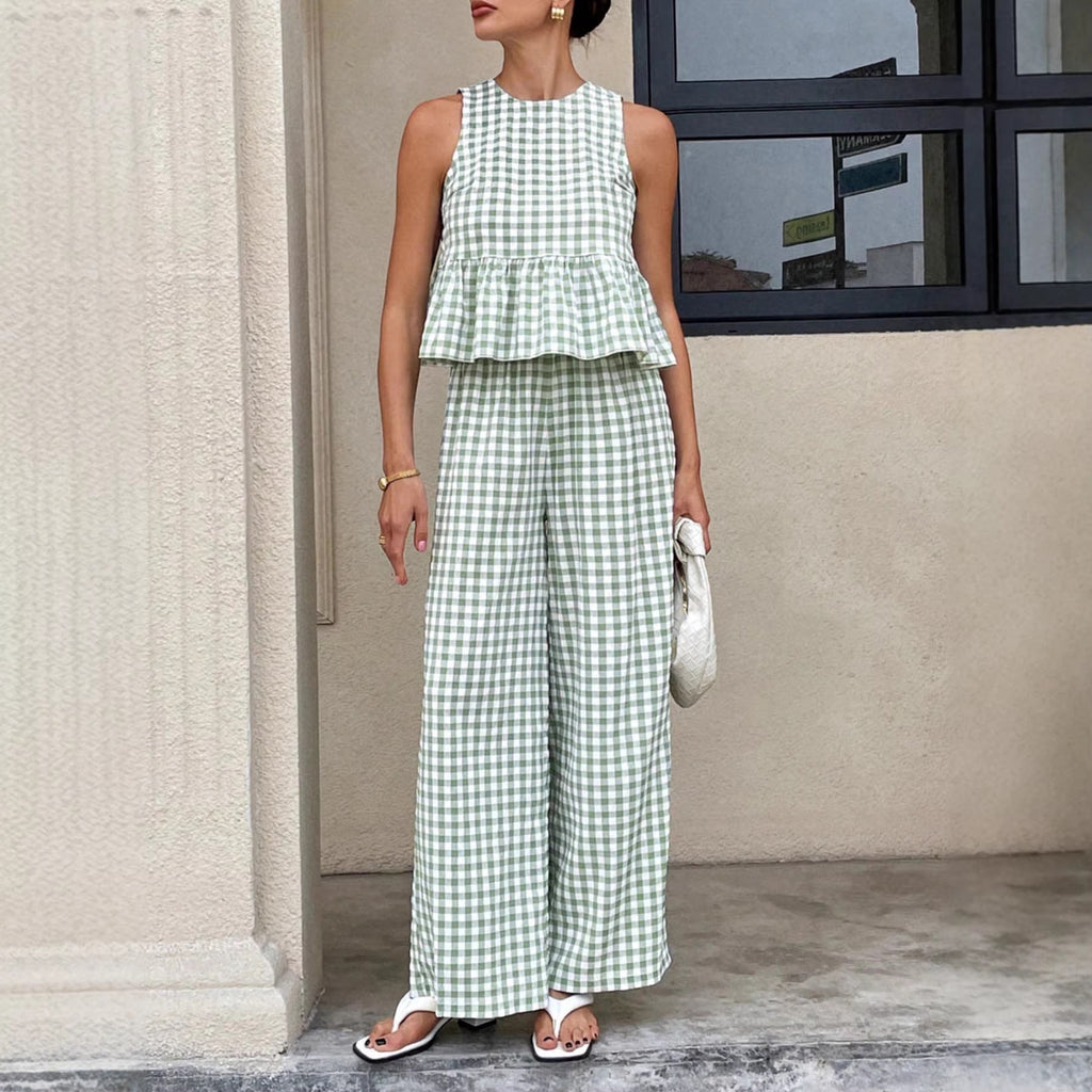 Solveig gingham peplum wide-leg two-piece set, Green