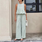 Solveig gingham peplum wide-leg two-piece set, Green