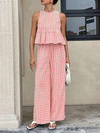Solveig gingham peplum wide-leg two-piece set, Pink