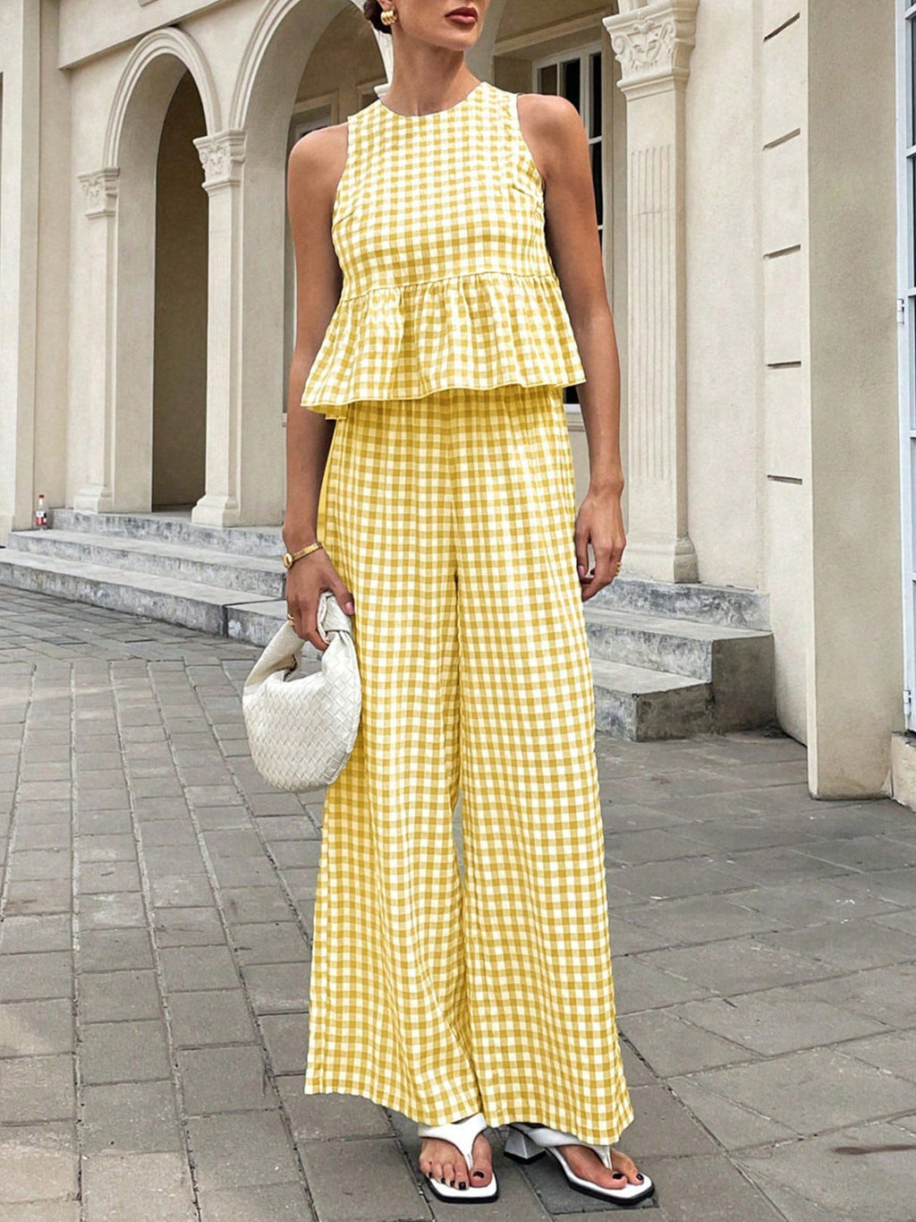 Solveig gingham peplum wide-leg two-piece set, Yellow