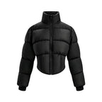Sophie Black cropped puffer jacket with high collar, padded quilted design, full front zip, and long sleeves