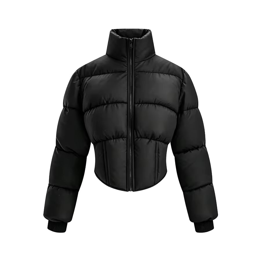 Sophie Black cropped puffer jacket with high collar, padded quilted design, full front zip, and long sleeves