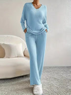 Sophie Blue ribbed knit two-piece set with V-neck long-sleeve top and matching wide-leg pants