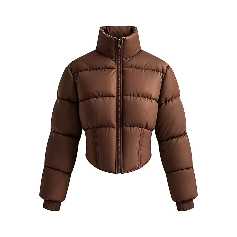 Sophie Brown cropped puffer jacket featuring a stand collar, full-zip front, quilted construction, and long sleeves
