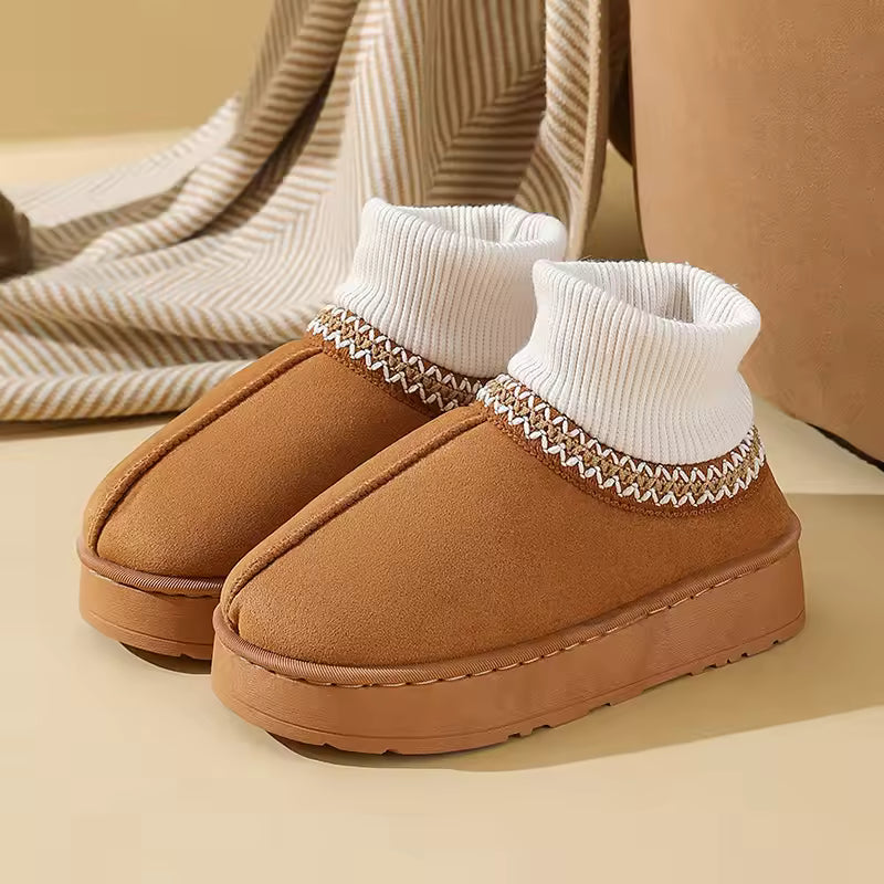 Sophie Brown ankle slippers with rounded closed toe, ribbed knit collar, decorative patterned trim, and platform sole