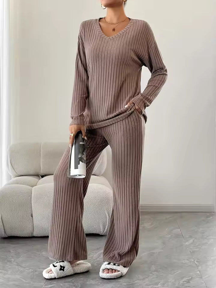 Sophie Brown matching loungewear set featuring a relaxed V-neck sweater and wide-leg pants