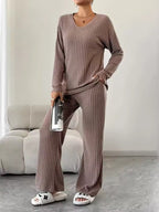 Sophie Brown matching loungewear set featuring a relaxed V-neck sweater and wide-leg pants