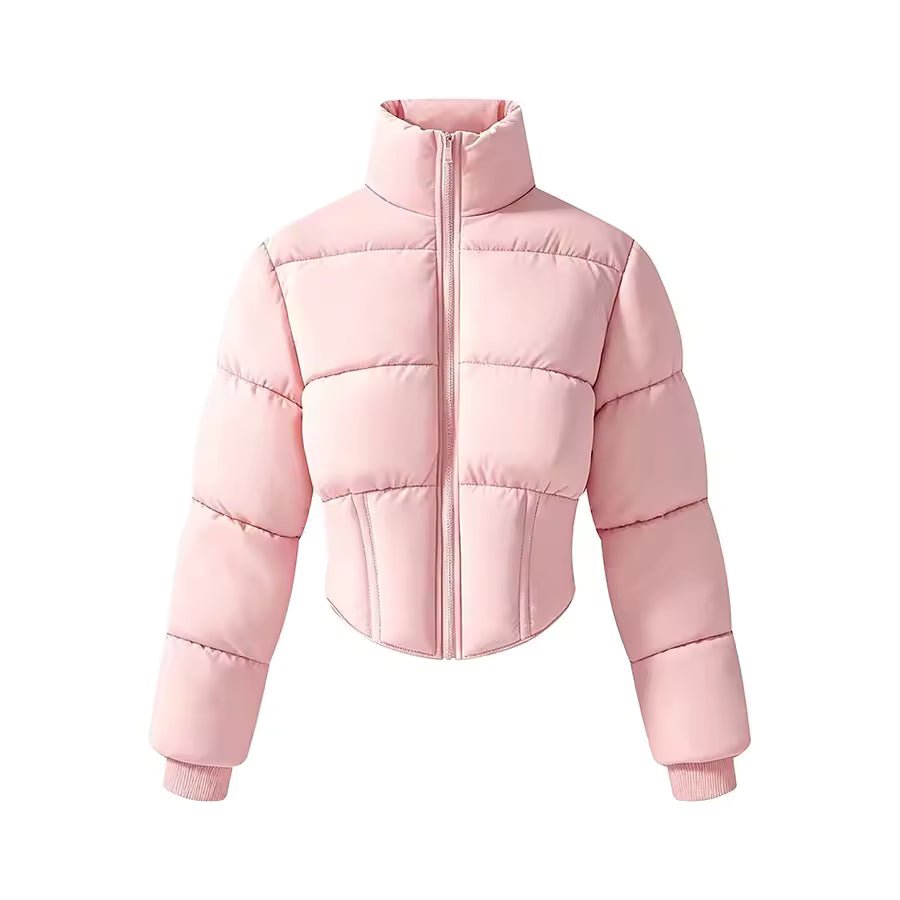 Sophie Pink cropped puffer jacket featuring a stand collar, quilted padding, full-zip closure, and long sleeves