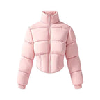 Sophie Pink cropped puffer jacket featuring a stand collar, quilted padding, full-zip closure, and long sleeves