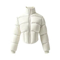 Sophie White cropped puffer jacket with high stand collar, full front zip, quilted padded panels, and long sleeves