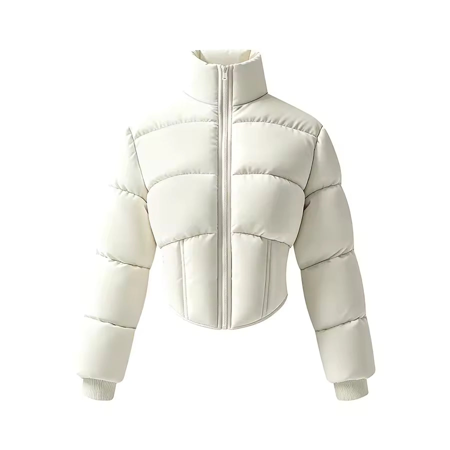 Sophie White cropped puffer jacket with high stand collar, full front zip, quilted padded panels, and long sleeves