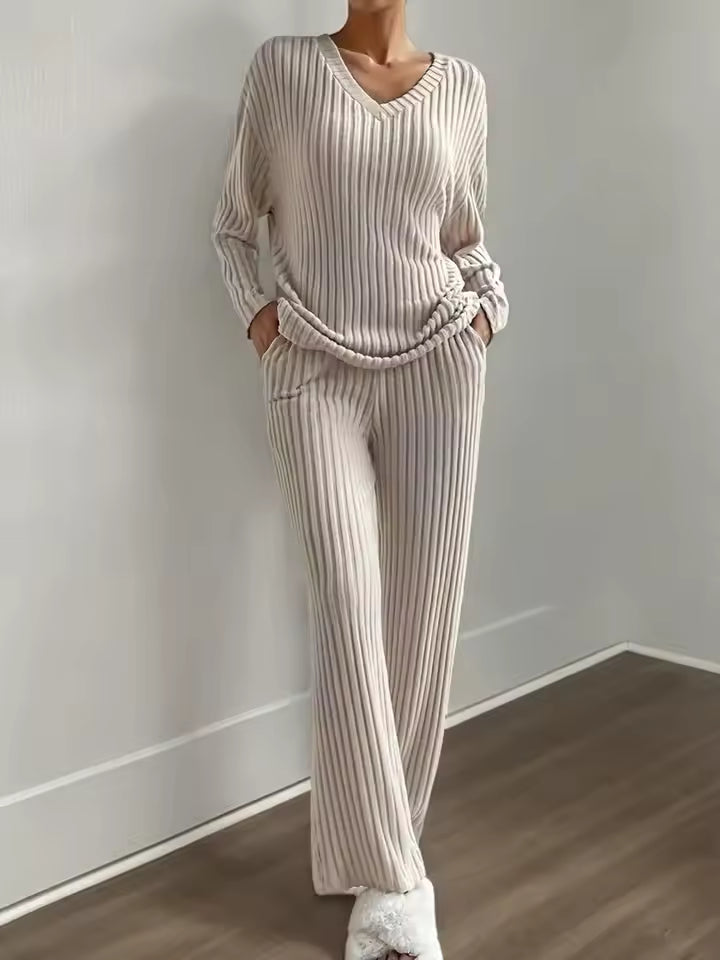Sophie White ribbed knit two-piece set with long-sleeve V-neck top and coordinating wide-leg pants