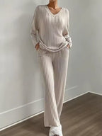 Sophie White ribbed knit two-piece set with long-sleeve V-neck top and coordinating wide-leg pants