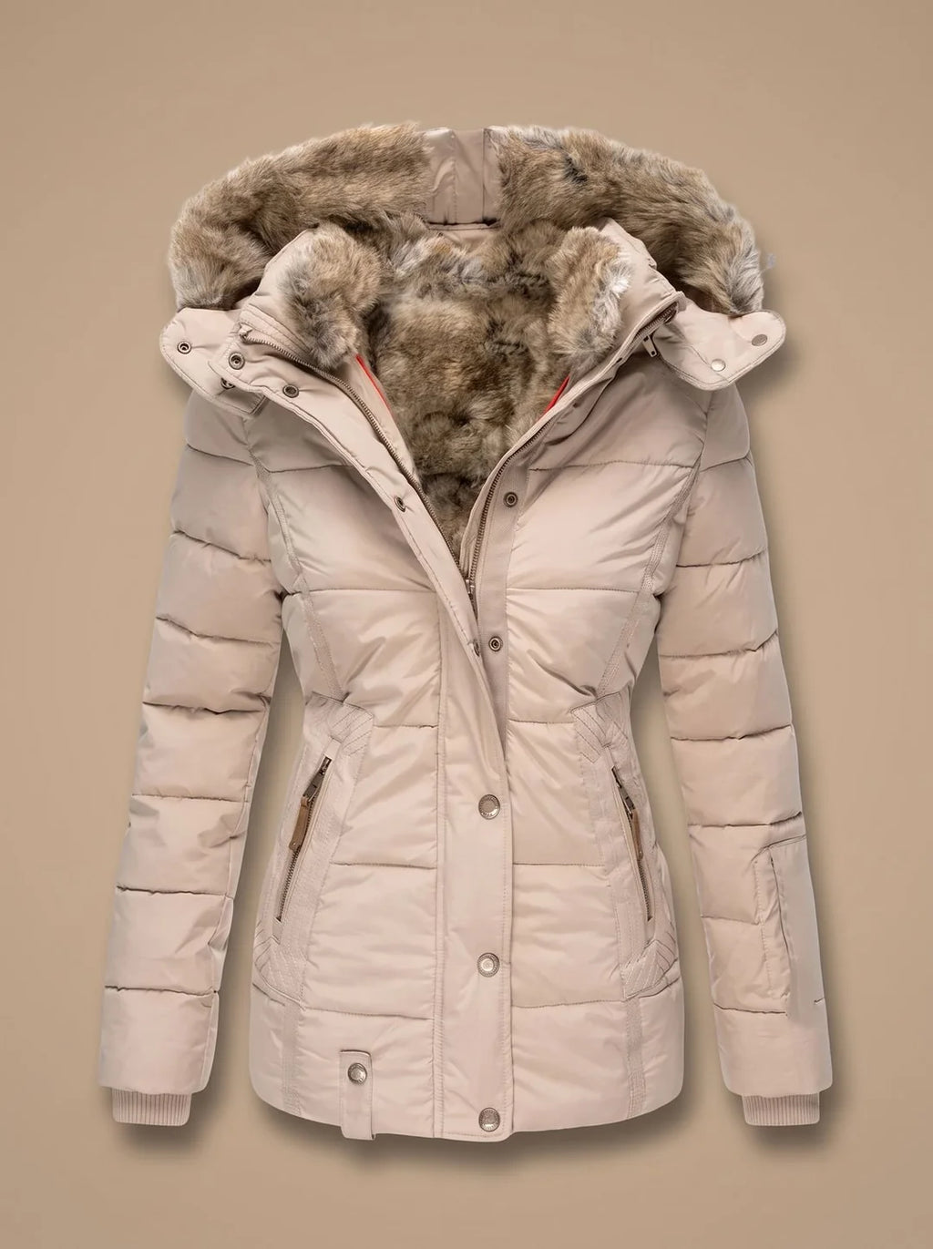 Stella Beige hooded puffer coat with faux-fur trim, padded quilted panels, a fitted waist, and zippered pockets