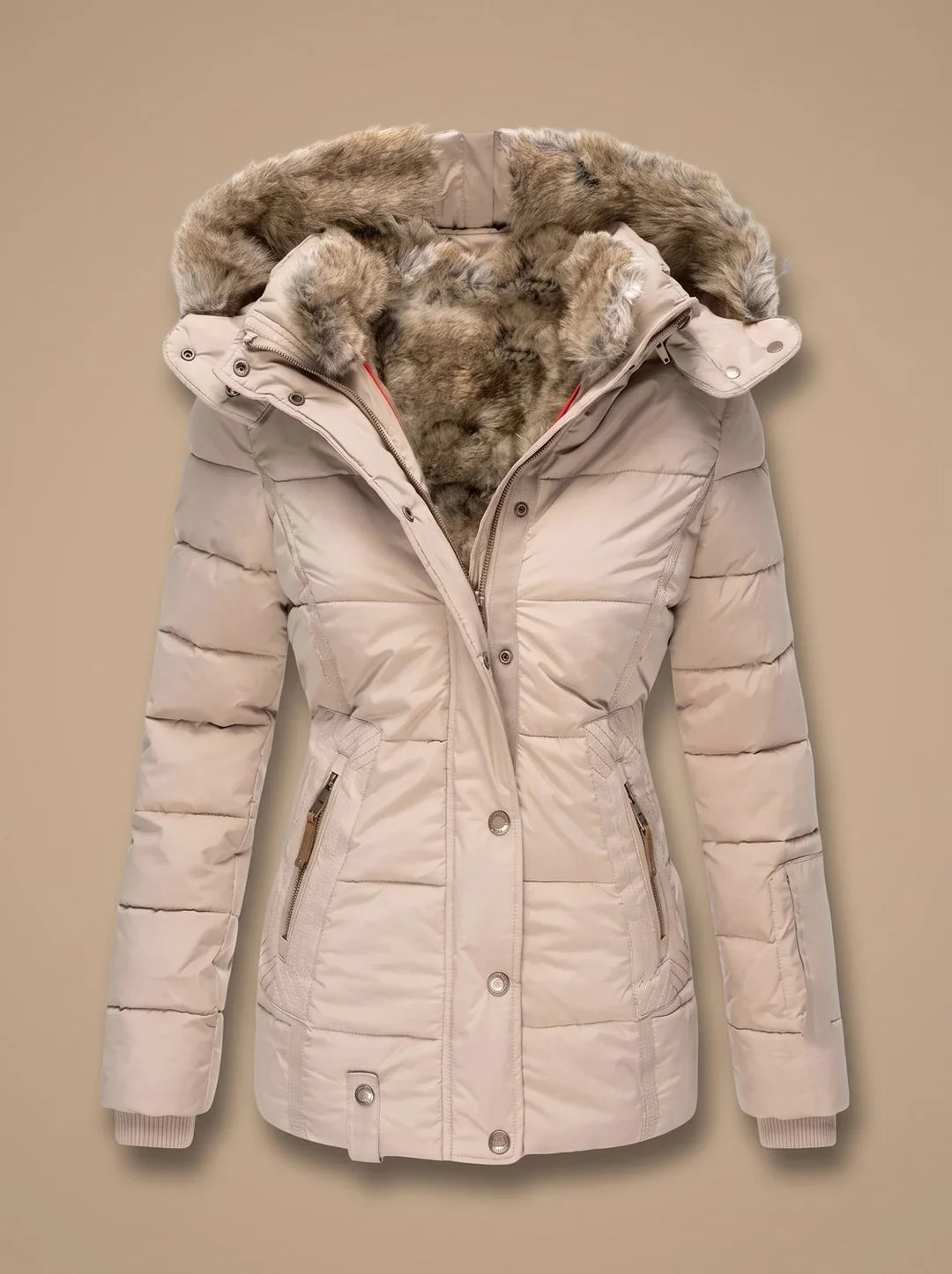Stella Beige hooded puffer coat with faux-fur trim, padded quilted panels, a fitted waist, and zippered pockets