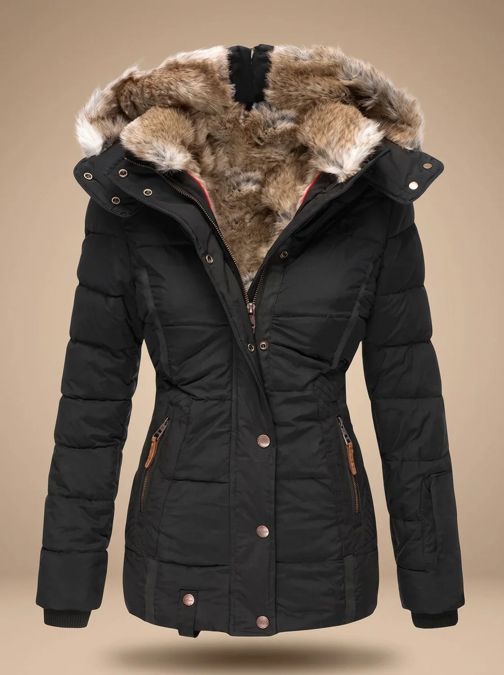 Stella Black quilted winter coat featuring a plush faux-fur-lined hood, adjustable waist, long sleeves, and front pockets