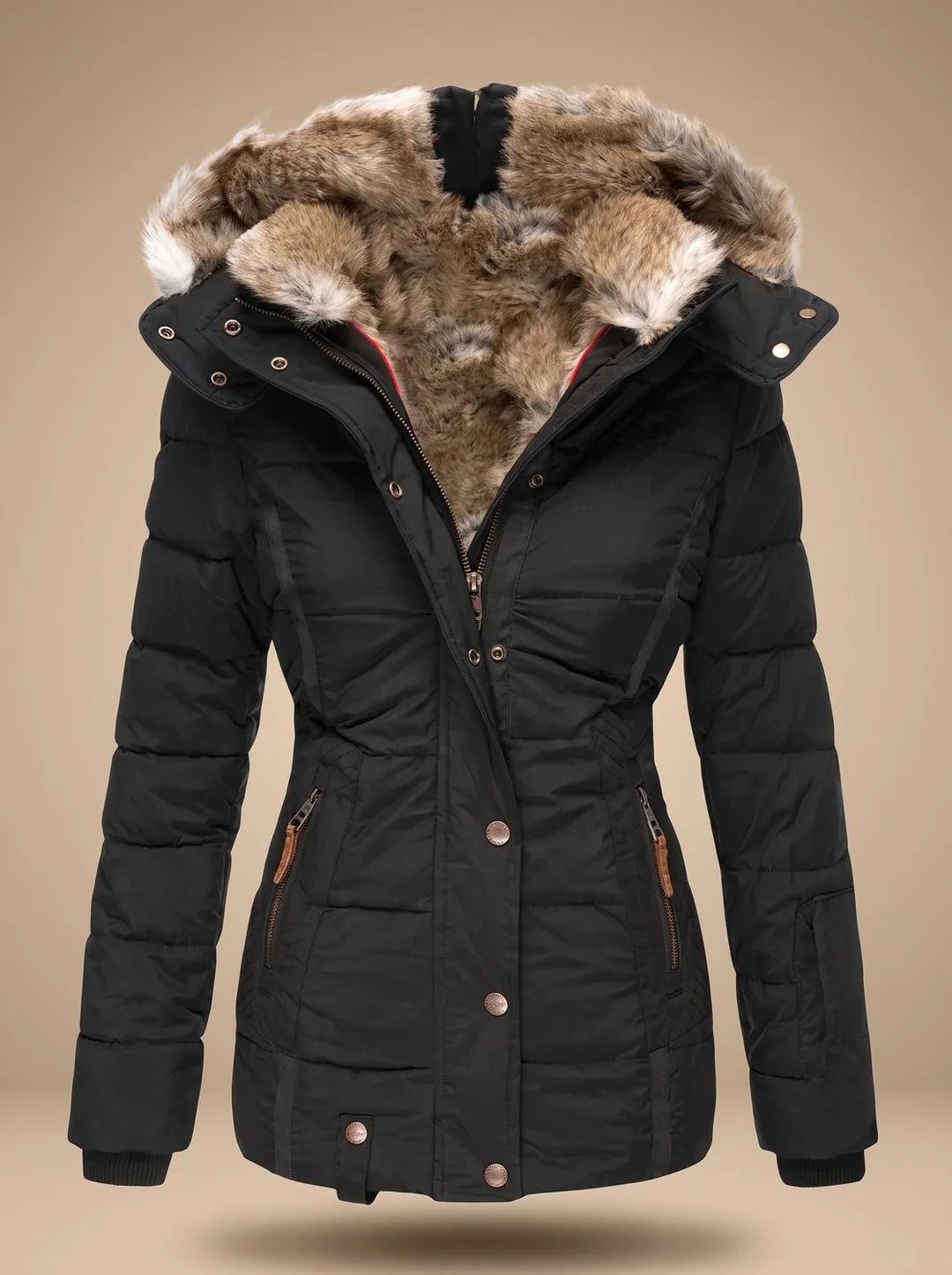 Stella Black quilted winter coat featuring a plush faux-fur-lined hood, adjustable waist, long sleeves, and front pockets