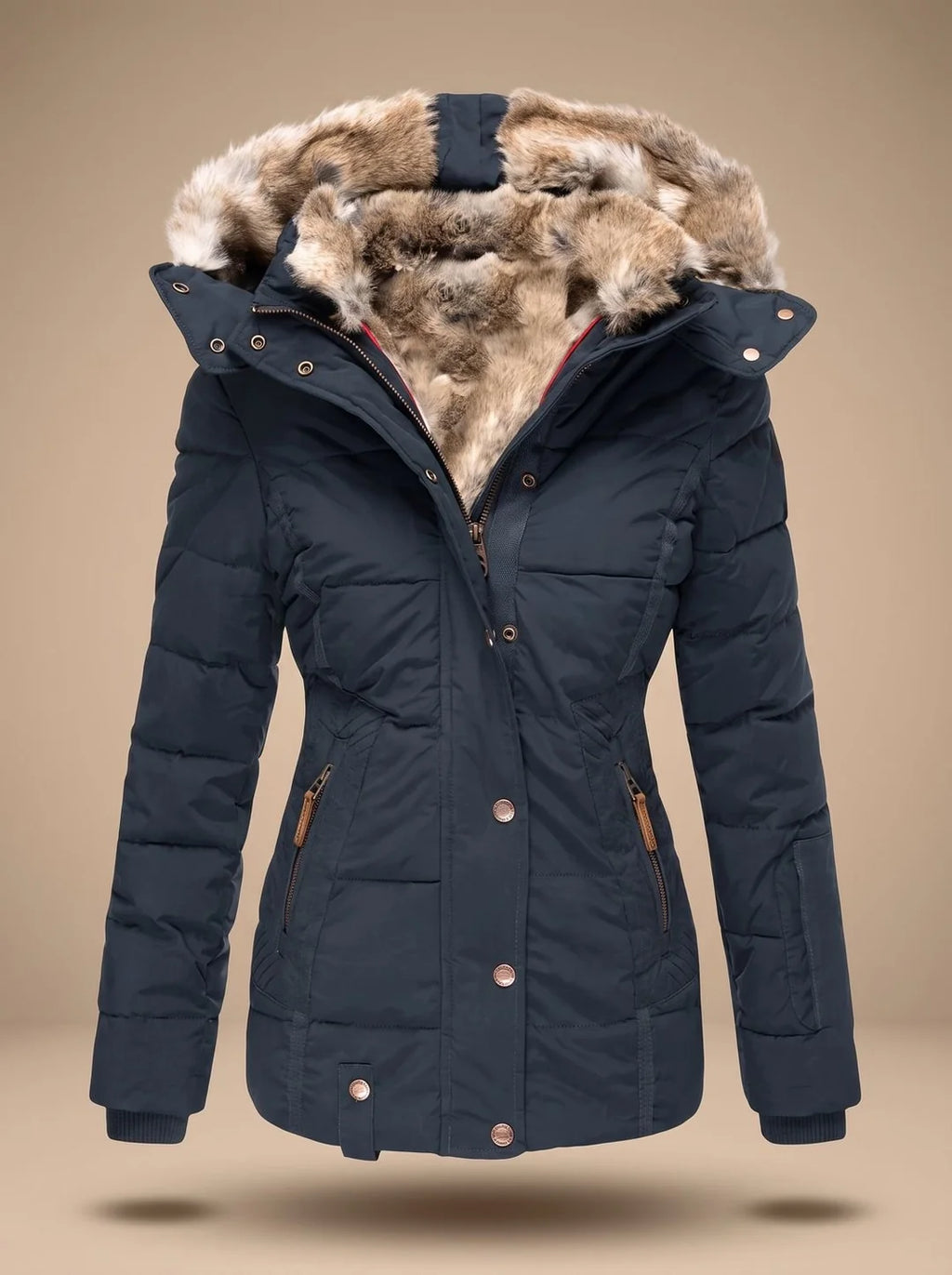 Stella Blue hooded puffer coat with plush faux-fur trim, quilted padding, a cinched waist, and front closure