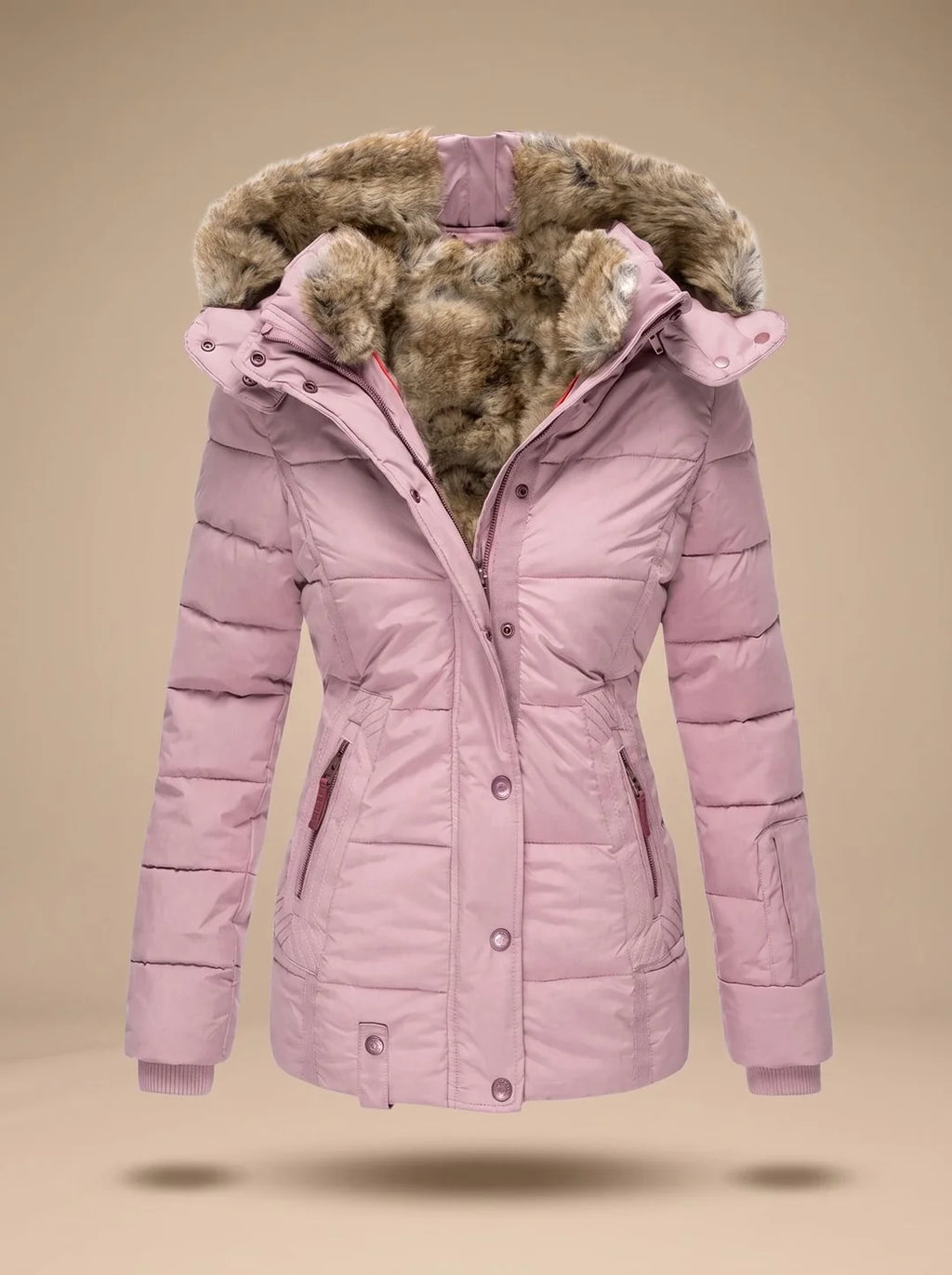 Stella Pink quilted puffer coat featuring an oversized faux-fur-trimmed hood, adjustable waist, long sleeves, and zippered pockets