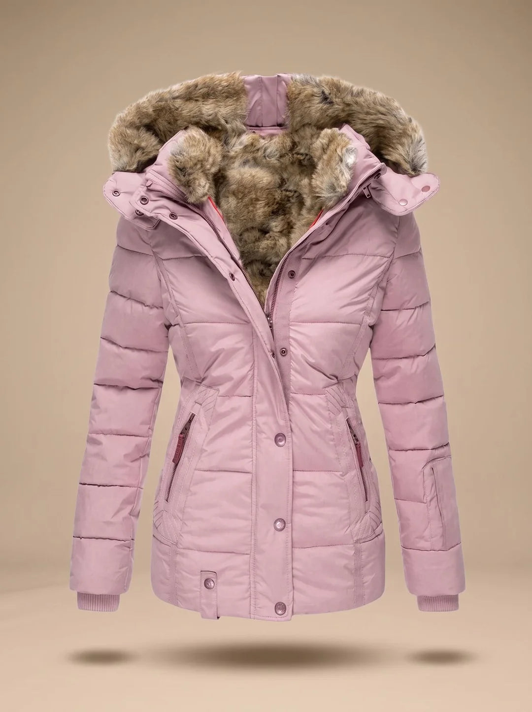 Stella Pink quilted puffer coat featuring an oversized faux-fur-trimmed hood, adjustable waist, long sleeves, and zippered pockets