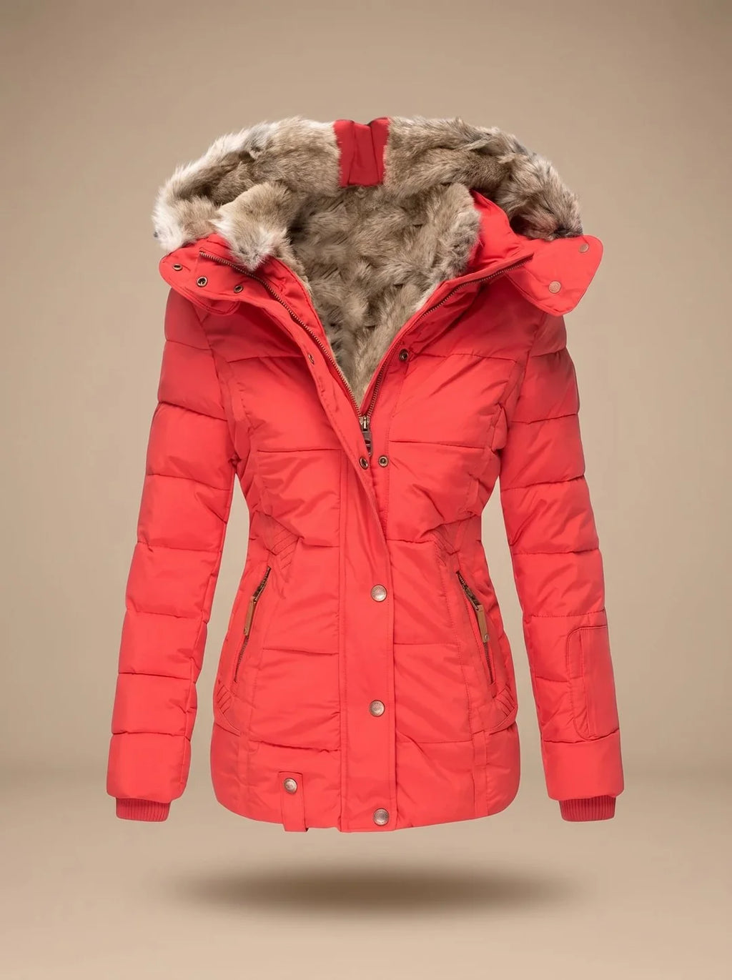 Stella Red quilted puffer coat featuring an oversized faux-fur-trimmed hood, adjustable waist, front closure, and long sleeves