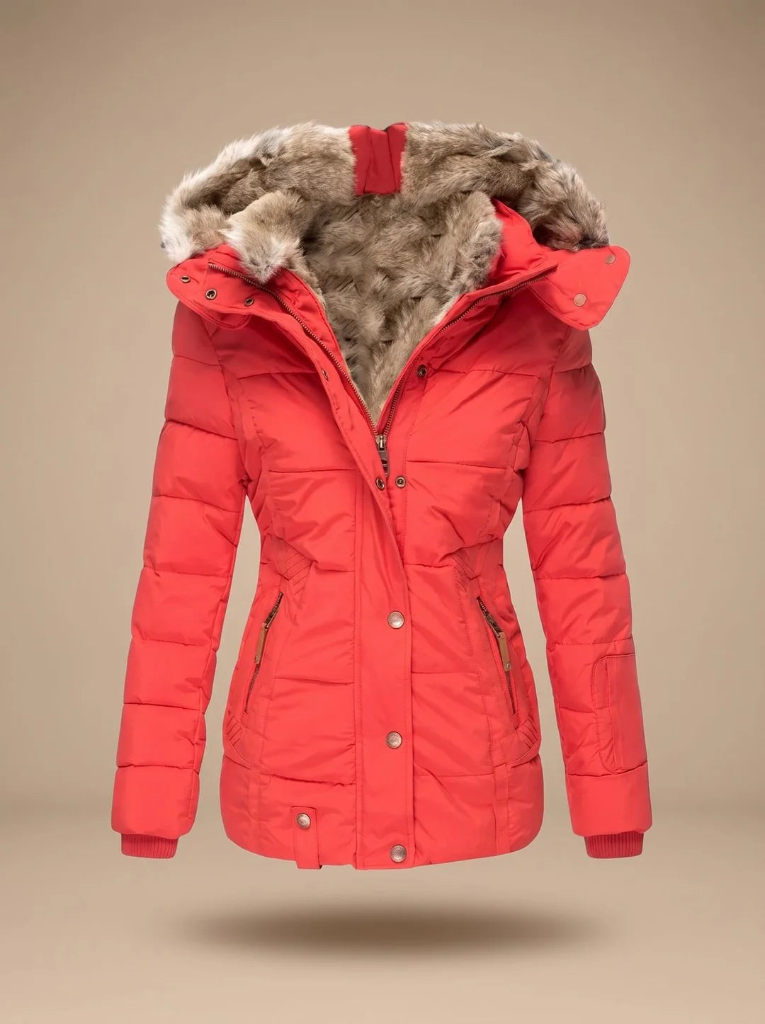 Stella Red quilted puffer coat featuring an oversized faux-fur-trimmed hood, adjustable waist, front closure, and long sleeves