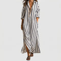 blue striped lightweight maxi dress with rolled sleeves and side pockets front view BELLA HUDSON