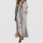 blue striped lightweight maxi dress with rolled sleeves and side pockets front view BELLA HUDSON