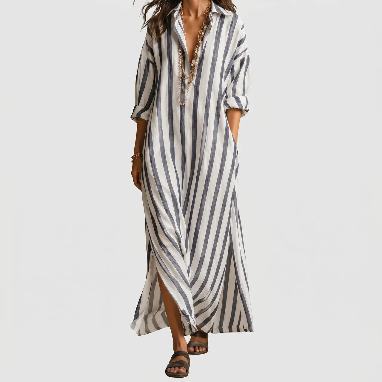 blue striped lightweight maxi dress with rolled sleeves and side pockets front view BELLA HUDSON