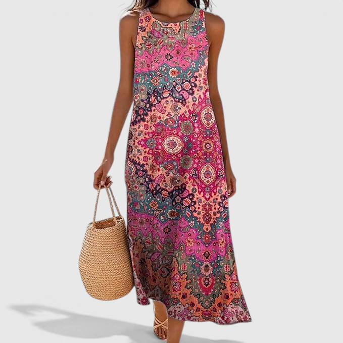 Front view of the Sunniva Midi Dress Sleeveless Bohemian-Print Rustic in dark pink, featuring a sleeveless round neckline, colorful bohemian print, and a relaxed A-line midi silhouette. Designed by Bella Hudson.