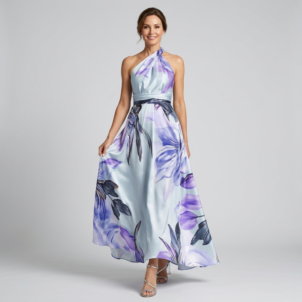 Front view of the Talia Maxi Dress Floral-Print Satin with Halter Neck in light blue, featuring a halter neckline, satin fabric, flowing A-line skirt, and elegant oversized floral print. Designed by Bella Hudson.