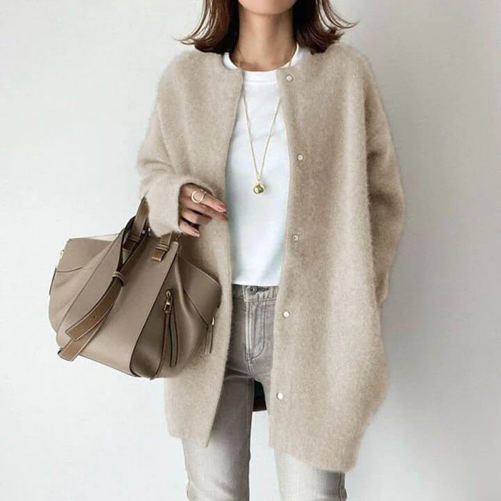 Teagan Oversized Crew Neck Snap Cardigan, Beige