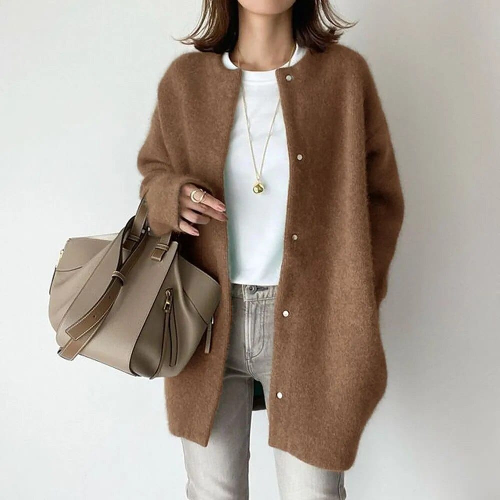 Teagan Oversized Crew Neck Snap Cardigan, Brown